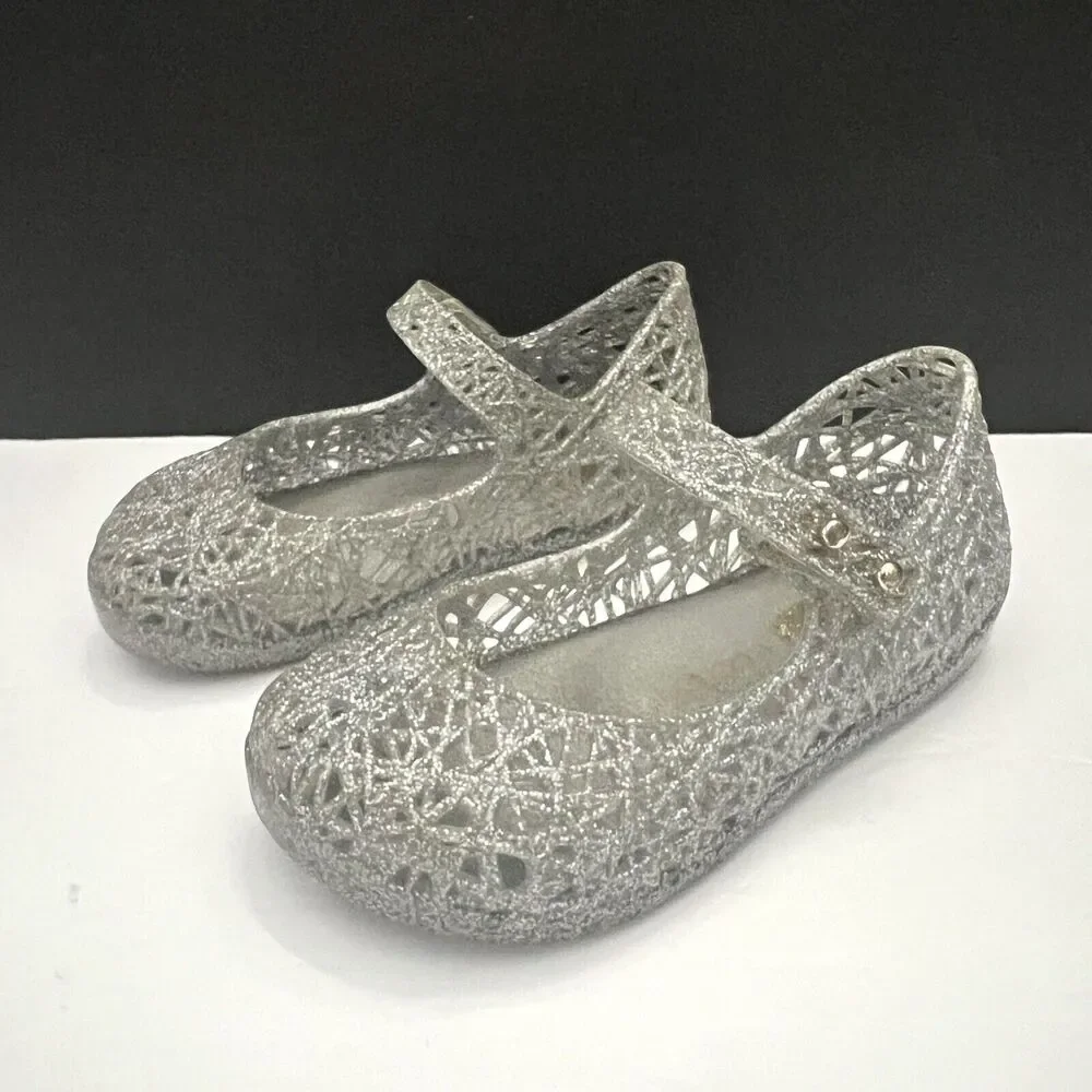 Mini Melissa Shoes Baby Girl 7 Mary Jane Campana Silver Metallic Strap Flat
